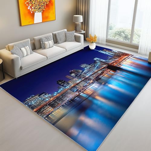 Teppich Wohnzimmer Waschbar, Kurzflor Weich Rutschfester Fotografie Stadt Nachtszene Bedruckter Teppich, Blau Gold Teppiche Schlafzimmer Wohnzimmer Esszimmer, 80 x 150 cm von Generic