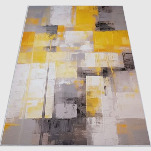 Teppich Wohnzimmer Waschbarer Abstrakte Ölgemäldequadrate Kurzflor rutschfest Gelb Grau Weiche Teppich Esszimmer und Außenbereich, In- und Outdoor 60 x 110 cm von Generic