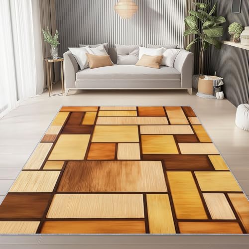 Teppich Wohnzimmer Waschbarer Holz Patchwork Geometrie Kurzflor rutschfest Braune warme Farbe Weiche Teppich Esszimmer und Außenbereich, In- und Outdoor 60 x 110 cm Teppich Wohnzimmer Waschbarer Holz Patchwork Geometrie Kurzflor rutschfest Braune warme Farbe Weiche Teppich Esszimmer und Außenbereich, In- und Outdoor 60 x 110 cm von Generic