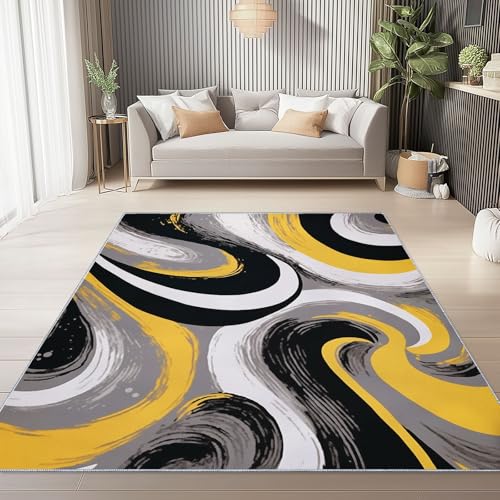 Teppich Wohnzimmer Waschbarer Wirbel Pinselstriche abstrakt Kurzflor rutschfest Gelb Schwarz Weiche Teppich Esszimmer und Außenbereich, In- und Outdoor 140 x 200 cm Teppich Wohnzimmer Waschbarer Wirbel Pinselstriche abstrakt Kurzflor rutschfest Gelb Schwarz Weiche Teppich Esszimmer und Außenbereich, In- und Outdoor 140 x 200 cm von Generic