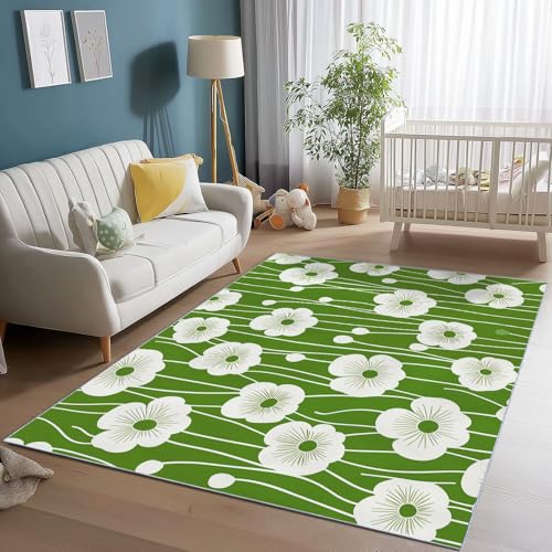 Teppich Wohnzimmer Weich Kurzflor Waschbar Aquarell Blumen Süß Pflanzen, 50 x 80 cm rutschfest Teppiche für Esszimmer Schlafzimmer Kinderzimmer Büro, Grün Weiß von Generic