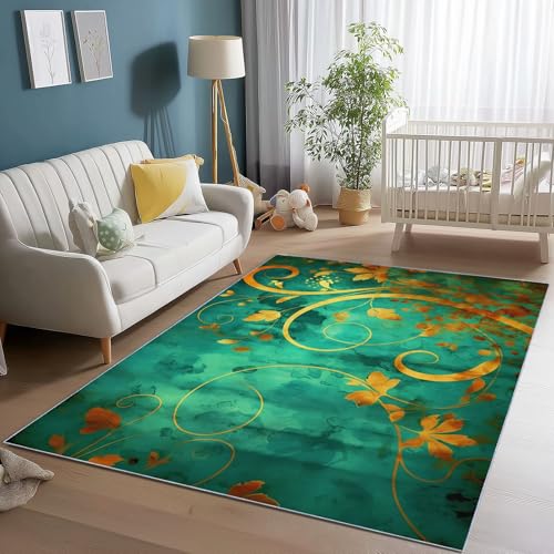 Teppich Wohnzimmer Weich Kurzflor Waschbar Fantasie Blätter Pflanzen Blumen, 160 x 230 cm rutschfest Teppiche für Esszimmer Schlafzimmer Kinderzimmer Büro Bereich Dekor, Gold Cyan Teppich Wohnzimmer Weich Kurzflor Waschbar Fantasie Blätter Pflanzen Blumen, 160 x 230 cm rutschfest Teppiche für Esszimmer Schlafzimmer Kinderzimmer Büro Bereich Dekor, Gold Cyan von Generic