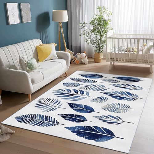 Teppich Wohnzimmer Weich Kurzflor Waschbar Minimalistisch Blätter Bohemien Pflanzen, 120 x 170 cm rutschfest Teppiche für Esszimmer Schlafzimmer Kinderzimmer Büro, Blau Weiß Teppich Wohnzimmer Weich Kurzflor Waschbar Minimalistisch Blätter Bohemien Pflanzen, 120 x 170 cm rutschfest Teppiche für Esszimmer Schlafzimmer Kinderzimmer Büro, Blau Weiß von Generic
