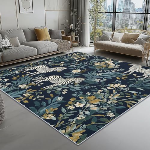Teppich Wohnzimmer Wilde Tiere Blumen Zebramuster Thema für Esszimmer Kinderzimmer Schlafzimmer Inneneinrichtung, Superfeiner Kaschmir Waschbar rutschfest Teppiche 100 x 150 cm, Dunkelblau von Generic