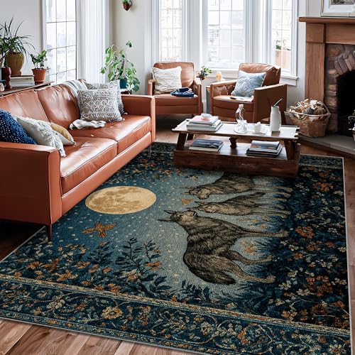 Teppich mit Wölfen, Natur, böhmischer Mond, Blumen, Herbst, Marineblau, rutschfeste Unterseite, rechteckiger Bodenteppich, Kanteneinfassung, Teppiche für Wohnzimmer, Schlafzimmer, Esszimmer Teppich mit Wölfen, Natur, böhmischer Mond, Blumen, Herbst, Marineblau, rutschfeste Unterseite, rechteckiger Bodenteppich, Kanteneinfassung, Teppiche für Wohnzimmer, Schlafzimmer, Esszimmer von Generic