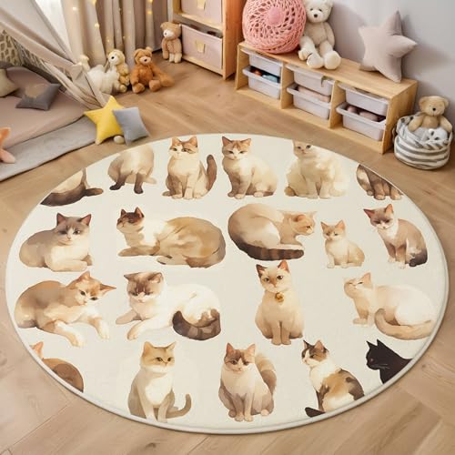 Teppich rund, Innenbereich Teppich süße Katze, 140 cm, waschbar, rutschfest, Aquarell Tiere, für Wohnzimmer, Esszimmer, Schlafzimmer, Büro, Badezimmer, Creme Teppich rund, Innenbereich Teppich süße Katze, 140 cm, waschbar, rutschfest, Aquarell Tiere, für Wohnzimmer, Esszimmer, Schlafzimmer, Büro, Badezimmer, Creme von Generic