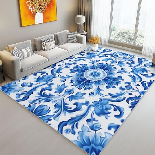 Teppich rutschfest Minimale Chinesische Blumen Gemustert, Blau Weiß Weich Kurzflor Wohnzimmerteppich Komfort, 160 x 230 cm – Pflegeleicht Waschbar Weicher Flor Ideal für Schlafzimmer von Generic