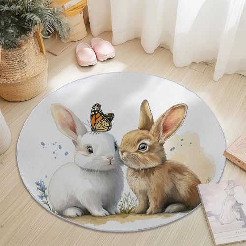 Teppiche Rund, Aquarell Tier Kaninchen Schmetterling Druck Design, Mehrfarbig Teppich Schlafzimmer Flanell Flauschig Weich rutschfest Fußmatte Waschbar für Kinderzimmer, Durchmesser 100 cm von Generic