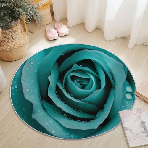 Teppiche Rund, Blau Flanell Innenbereich Runder Teppich, Waschbarer rutschfest Teppich, Romantik Tau Blumen Rosen Design - fürs Wohnzimmer & Schlafzimmer (Durchmesser,120 cm) von Generic