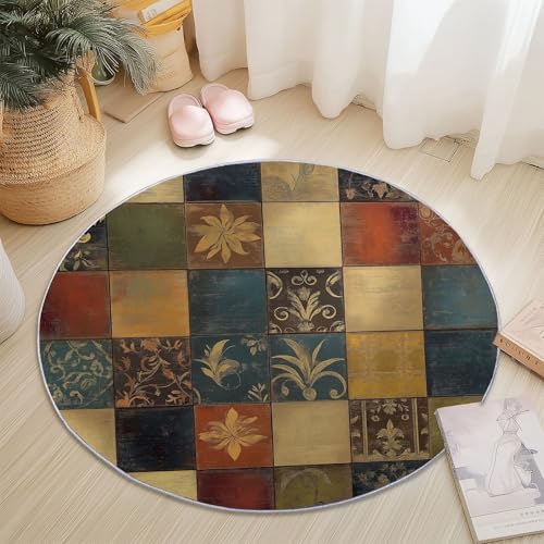 Teppiche Rund, Bunt Flanell Innenbereich Runder Teppich, Waschbarer rutschfest Teppich, Blume Mosaik Quadrat Design - fürs Wohnzimmer & Schlafzimmer (Durchmesser,100 cm) von Generic