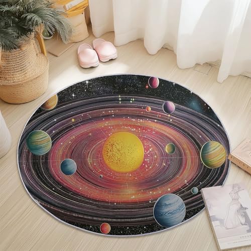 Teppiche Rund, Bunt Flanell Innenbereich Runder Teppich, Waschbarer rutschfest Teppich, Galaxie-Elemente Planeten Linien Design - fürs Wohnzimmer & Schlafzimmer (Durchmesser,60 cm) von Generic