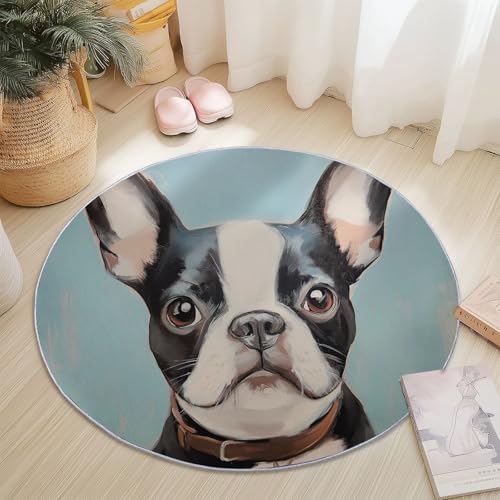 Teppiche Rund, Bunt Flanell Innenbereich Runder Teppich, Waschbarer rutschfest Teppich, Nahaufnahme Porträt Ölgemälde Hund Design - fürs Wohnzimmer & Schlafzimmer (Durchmesser,100 cm) von Generic