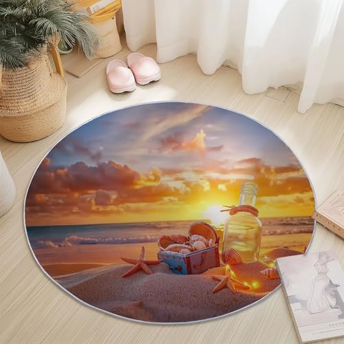 Teppiche Rund, Bunt Flanell Innenbereich Runder Teppich, Waschbarer rutschfest Teppich, Natur Sonnenuntergang Strand Muscheln Design - fürs Wohnzimmer & Schlafzimmer (Durchmesser,180 cm) von Generic
