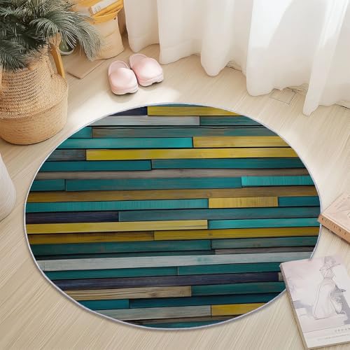 Teppiche Rund, Cyan Gelb Flanell Innenbereich Runder Teppich, Waschbarer rutschfest Teppich, Einfach Streifen Holzplatte Design - fürs Wohnzimmer & Schlafzimmer (Durchmesser,140 cm) von Generic