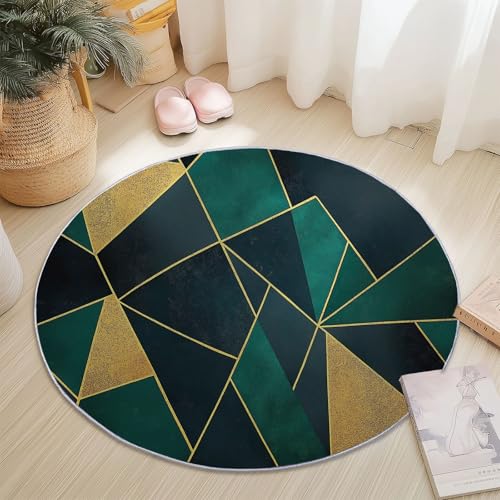 Teppiche Rund, Dunkelgrün Gold Flanell Innenbereich Runder Teppich, Waschbarer rutschfest Teppich, Modern Abstrakt Dreieck Design - fürs Wohnzimmer & Schlafzimmer (Durchmesser,120 cm) von Generic