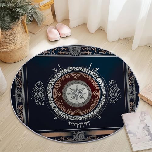 Teppiche Rund, Dunkle Elemente Wikingerrunen Bordüren Druck Design, Schwarz Weiß Teppich Schlafzimmer Flanell Flauschig Weich rutschfest Fußmatte Waschbar für Kinderzimmer, Durchmesser 80 cm von Generic