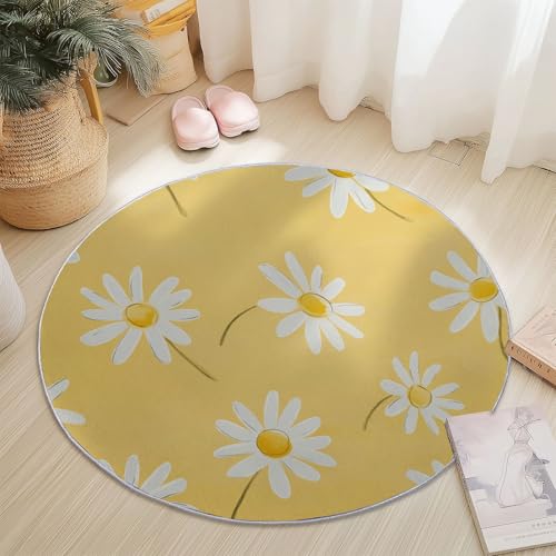Teppiche Rund, Einfach Verträumt Niedlich Gänseblümchen Druck Design, Gelb Weiß Teppich Schlafzimmer Flanell Flauschig Weich rutschfest Fußmatte Waschbar für Kinderzimmer, Durchmesser 120 cm von Generic