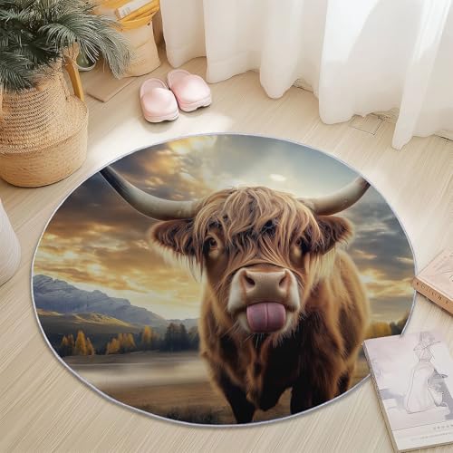 Teppiche Rund, Gelb Flanell Innenbereich Runder Teppich, Waschbarer rutschfest Teppich, Niedlich Tier Kuh Feld Design - fürs Wohnzimmer & Schlafzimmer (Durchmesser,80 cm) von Generic