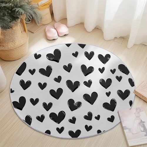 Teppiche Rund, Geometrie Einfach Herzförmig Niedlich Druck Design, Schwarz Weiß Teppich Schlafzimmer Flanell Flauschig Weich rutschfest Fußmatte Waschbar für Kinderzimmer, Durchmesser 80 cm von Generic