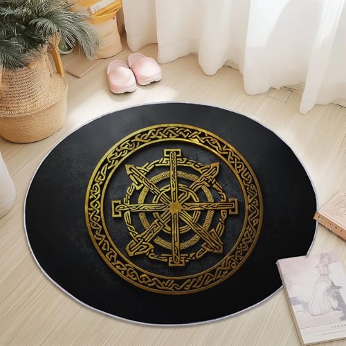 Teppiche Rund, Gold Schwarz Flanell Innenbereich Runder Teppich, Waschbarer rutschfest Teppich, Dunkler Stil Wikinger-Symbol Design - fürs Wohnzimmer & Schlafzimmer (Durchmesser,180 cm) von Generic