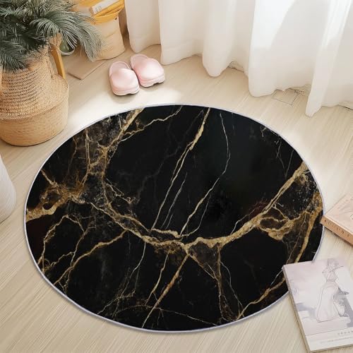 Teppiche Rund, Gold Schwarz Flanell Innenbereich Runder Teppich, Waschbarer rutschfest Teppich, Modern Luxus Marmor Linien Design - fürs Wohnzimmer & Schlafzimmer (Durchmesser,140 cm) von Generic