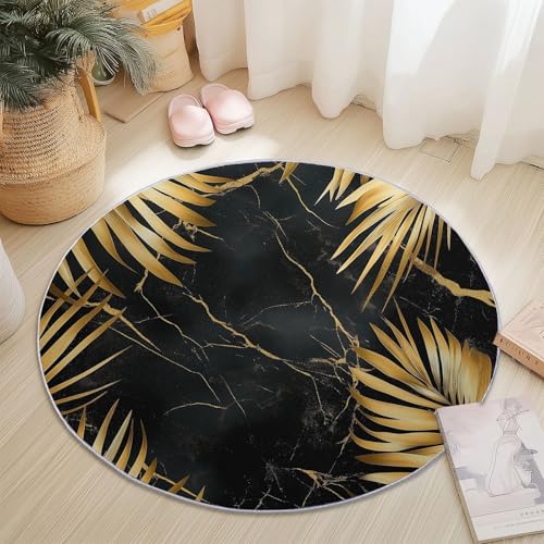 Teppiche Rund, Gold Schwarz Flanell Innenbereich Runder Teppich, Waschbarer rutschfest Teppich, Modern Marmor Palmblätter Design - fürs Wohnzimmer & Schlafzimmer (Durchmesser,180 cm) von Generic