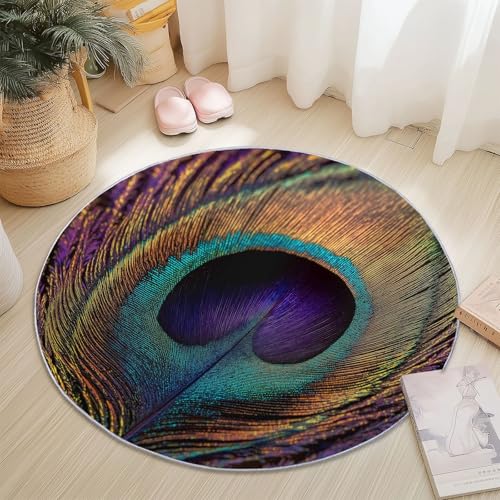 Teppiche Rund, Grün Flanell Innenbereich Runder Teppich, Waschbarer rutschfest Teppich, Nahaufnahme Tiere Federn Design - fürs Wohnzimmer & Schlafzimmer (Durchmesser,80 cm) von Generic