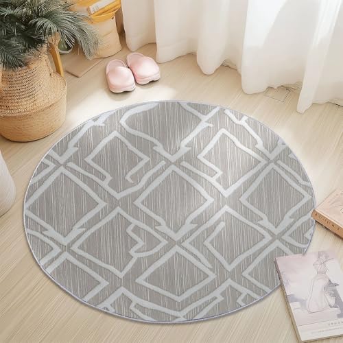 Teppiche Rund, Hellgrau Weiß Flanell Innenbereich Runder Teppich, Waschbarer rutschfest Teppich, Geometrisch Linien Textur Design - fürs Wohnzimmer & Schlafzimmer (Durchmesser,120 cm) von Generic