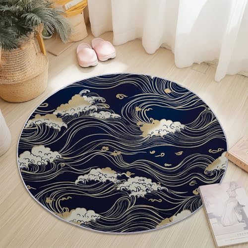 Teppiche Rund, Japanischer Stil Wellen Wolken Druck Design, Marineblau Aprikose Teppich Schlafzimmer Flanell Flauschig Weich rutschfest Fußmatte Waschbar für Kinderzimmer, Durchmesser 60 cm von Generic