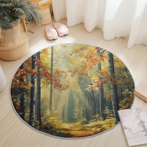 Teppiche Rund, Landschaft Wald Ölgemälde Herbstlaub Druck Design, Mehrfarbig Teppich Schlafzimmer Flanell Flauschig Weich rutschfest Fußmatte Waschbar für Kinderzimmer, Durchmesser 120 cm von Generic