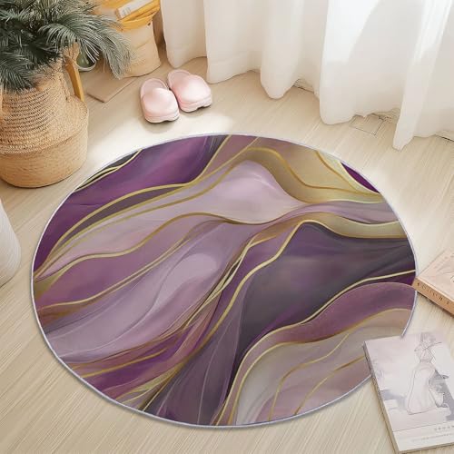 Teppiche Rund, Lila Gold Flanell Innenbereich Runder Teppich, Waschbarer rutschfest Teppich, Fantasie Linie Marmor Design - fürs Wohnzimmer & Schlafzimmer (Durchmesser,100 cm) von Generic