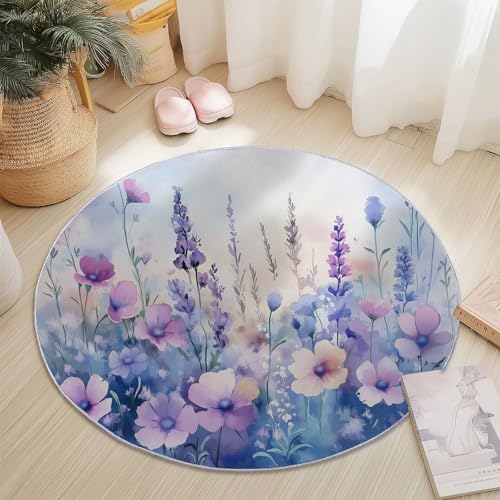 Teppiche Rund, Lila Hellblau Flanell Innenbereich Runder Teppich, Waschbarer rutschfest Teppich, Aquarell Fantasie Blumen Design - fürs Wohnzimmer & Schlafzimmer (Durchmesser,80 cm) von Generic
