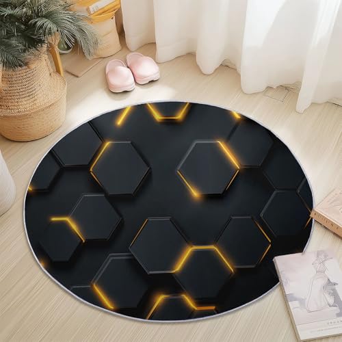 Teppiche Rund, Schwarz Gelb Flanell Innenbereich Runder Teppich, Waschbarer rutschfest Teppich, Geometrisch Sechseck Helle Linien Design - fürs Wohnzimmer & Schlafzimmer (Durchmesser,100 cm) von Generic