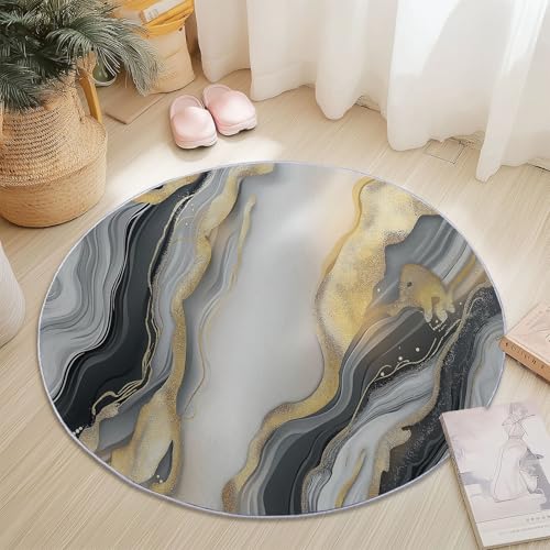 Teppiche Rund, Schwarz Gold Flanell Innenbereich Runder Teppich, Waschbarer rutschfest Teppich, Abstrakt Luxus Marmoriert Linien Design - fürs Wohnzimmer & Schlafzimmer (Durchmesser,100 cm) von Generic