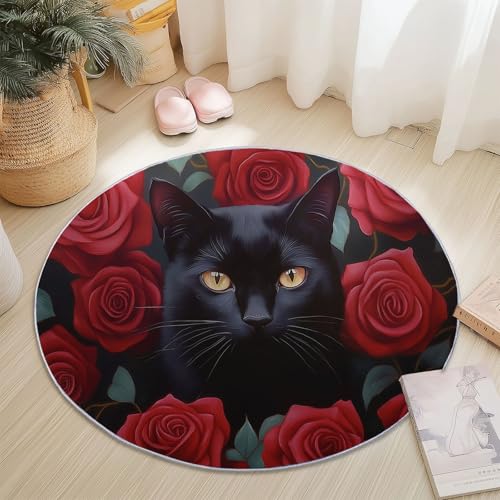 Teppiche Rund, Schwarz Rot Flanell Innenbereich Runder Teppich, Waschbarer rutschfest Teppich, Abstrakt Rose Katze Design - fürs Wohnzimmer & Schlafzimmer (Durchmesser,160 cm) von Generic
