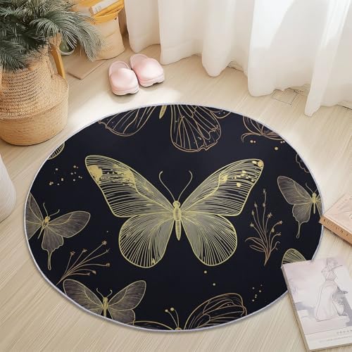 Teppiche Rund, Traum Schmetterling Textur Elegant Druck Design, Gold Schwarz Teppich Schlafzimmer Flanell Flauschig Weich rutschfest Fußmatte Waschbar für Kinderzimmer, Durchmesser 100 cm Teppiche Rund, Traum Schmetterling Textur Elegant Druck Design, Gold Schwarz Teppich Schlafzimmer Flanell Flauschig Weich rutschfest Fußmatte Waschbar für Kinderzimmer, Durchmesser 100 cm von Generic