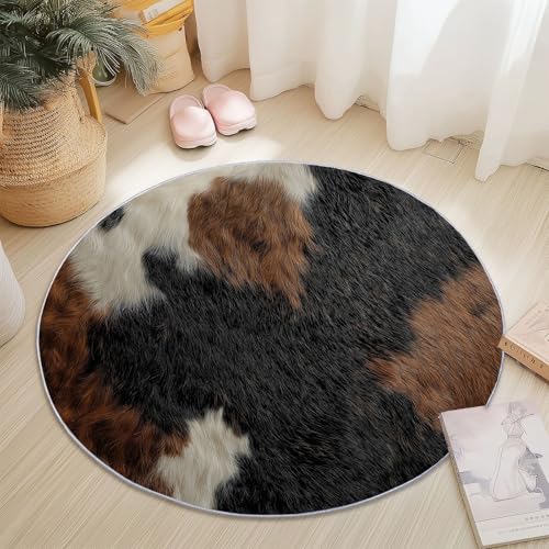 Teppiche für Wohnzimmer Rund, Animation Tierdruck Kuhfell Textur Druck Design, Mehrfarbig Teppich Schlafzimmer Flanell Flauschig Weich rutschfest Fußmatte Waschbar für Kinderzimmer, Durchmesser 60 cm von Generic