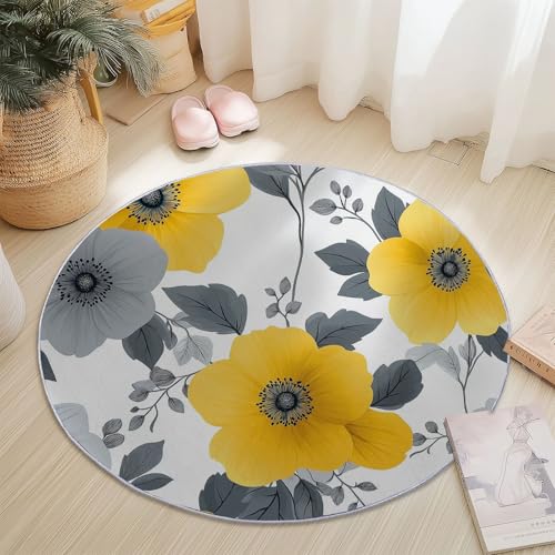 Teppiche für Wohnzimmer Rund, Blumen Blätter Linien Elegant Druck Design, Gelb Grau Teppich Schlafzimmer Flanell Flauschig Weich rutschfest Fußmatte Waschbar für Kinderzimmer, Durchmesser 100 cm von Generic