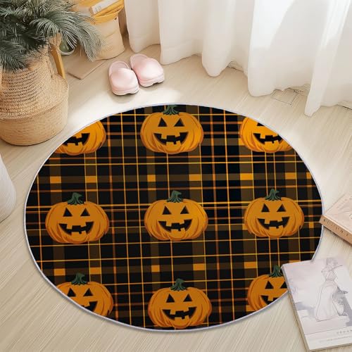 Teppiche für Wohnzimmer Rund, Cartoon Gitter Kürbis Halloween Druck Design, Farbe Teppich Schlafzimmer Flanell Flauschig Weich rutschfest Fußmatte Waschbar für Kinderzimmer, Durchmesser 120 cm von Generic