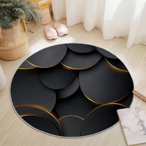 Teppiche für Wohnzimmer Rund, Einfach Kreis Linie Luxus Druck Design, Schwarz Gold Teppich Schlafzimmer Flanell Flauschig Weich rutschfest Fußmatte Waschbar für Kinderzimmer, Durchmesser 100 cm von Generic
