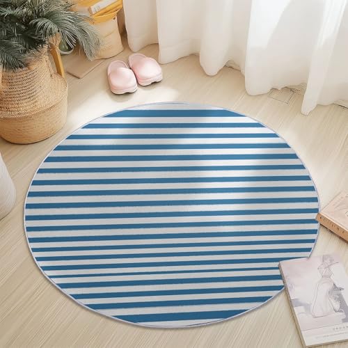 Teppiche für Wohnzimmer Rund, Einfach Linien Streifen Druck Design, Blau Weiß Teppich Schlafzimmer Flanell Flauschig Weich rutschfest Fußmatte Waschbar für Kinderzimmer, Durchmesser 80 cm von Generic