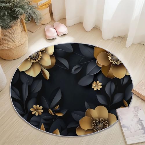 Teppiche für Wohnzimmer Rund, Modern Elegant Blumen Blätter Druck Design, Gold Schwarz Teppich Schlafzimmer Flanell Flauschig Weich rutschfest Fußmatte Waschbar für Kinderzimmer, Durchmesser 80 cm Teppiche für Wohnzimmer Rund, Modern Elegant Blumen Blätter Druck Design, Gold Schwarz Teppich Schlafzimmer Flanell Flauschig Weich rutschfest Fußmatte Waschbar für Kinderzimmer, Durchmesser 80 cm von Generic