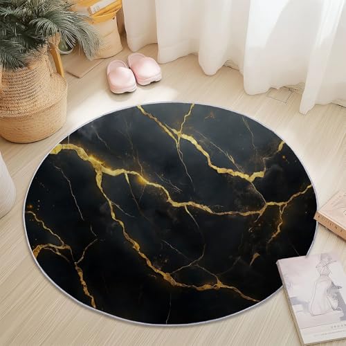 Teppiche für Wohnzimmer Rund, Modern Marmor Linie Druck Design, Gold Schwarz Teppich Schlafzimmer Flanell Flauschig Weich rutschfest Fußmatte Waschbar für Kinderzimmer, Durchmesser 80 cm von Generic