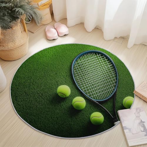 Teppiche für Wohnzimmer Rund, Modern Sport Tennis Schläger Druck Design, Farbe Teppich Schlafzimmer Flanell Flauschig Weich rutschfest Fußmatte Waschbar für Kinderzimmer, Durchmesser 180 cm von Generic