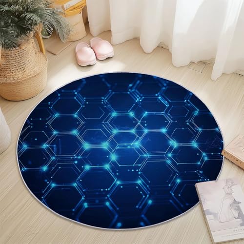 Teppiche für Wohnzimmer Rund, Modern Technologisch Sechseck Druck Design, Blau Schwarz Teppich Schlafzimmer Flanell Flauschig Weich rutschfest Fußmatte Waschbar für Kinderzimmer, Durchmesser 120 cm von Generic