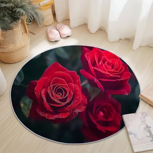 Teppiche für Wohnzimmer Rund, Nahaufnahme Blume Rose Valentinstag Druck design, Mehrfarbig Teppich Schlafzimmer Flanell Flauschig Weich rutschfest Fußmatte Waschbar für Kinderzimmer, Durchmesser 80 cm von Generic