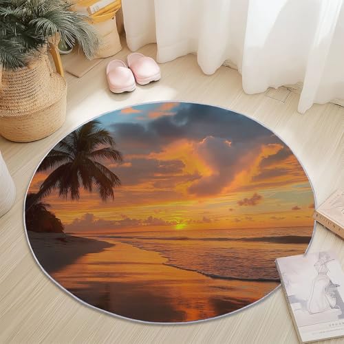 Teppiche für Wohnzimmer Rund, Natur Sonnenuntergang Strand Palme Druck Design, Farbe Teppich Schlafzimmer Flanell Flauschig Weich rutschfest Fußmatte Waschbar für Kinderzimmer, Durchmesser 160 cm von Generic