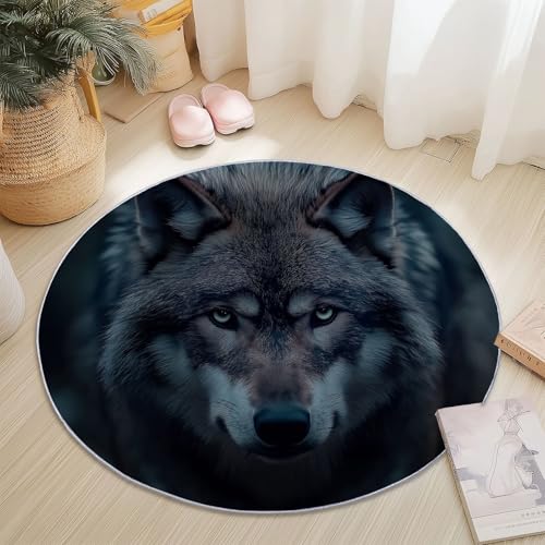 Teppiche für Wohnzimmer Rund, Porträt Modern Tier Wolf Druck Design, Schwarz Teppich Schlafzimmer Flanell Flauschig Weich rutschfest Fußmatte Waschbar für Kinderzimmer, Durchmesser 100 cm von Generic