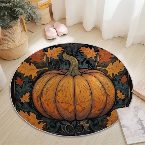 Teppiche für Wohnzimmer Rund, Retro Herbstlaub Kürbis Textur Druck Design, Orange Schwarz Teppich Schlafzimmer Flanell Flauschig Weich rutschfest Fußmatte Waschbar für Kinderzimmer, Durchmesser 80 cm von Generic