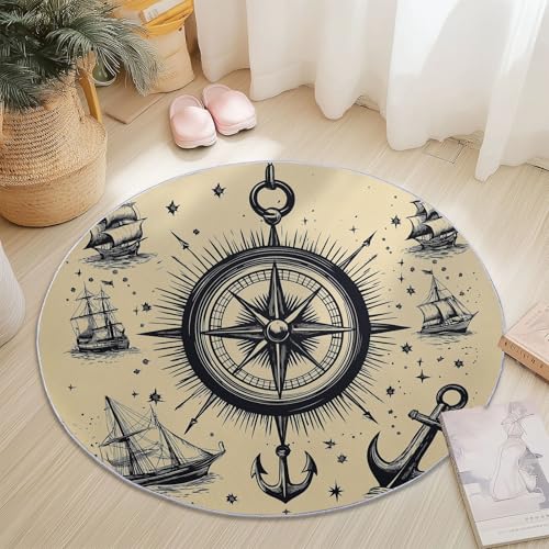 Teppiche für Wohnzimmer Rund, Retro Kompass Nautische Elemente Druck Design, Mehrfarbig Teppich Schlafzimmer Flanell Flauschig Weich rutschfest Fußmatte Waschbar für Kinderzimmer, Durchmesser 180 cm von Generic